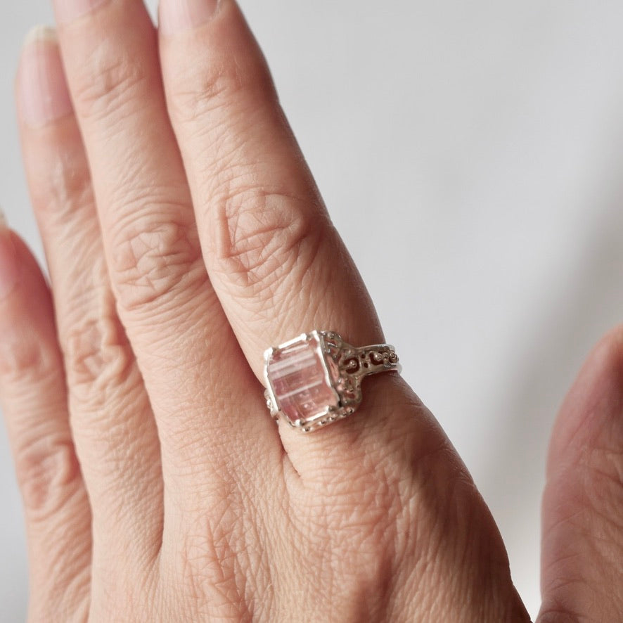 51. Pink Tourmaline Rough Silver Ring /23R-293