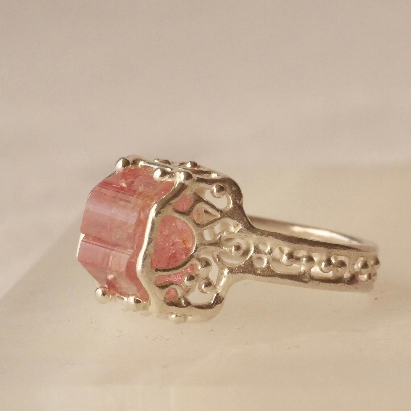 51. Pink Tourmaline Rough Silver Ring /23R-293