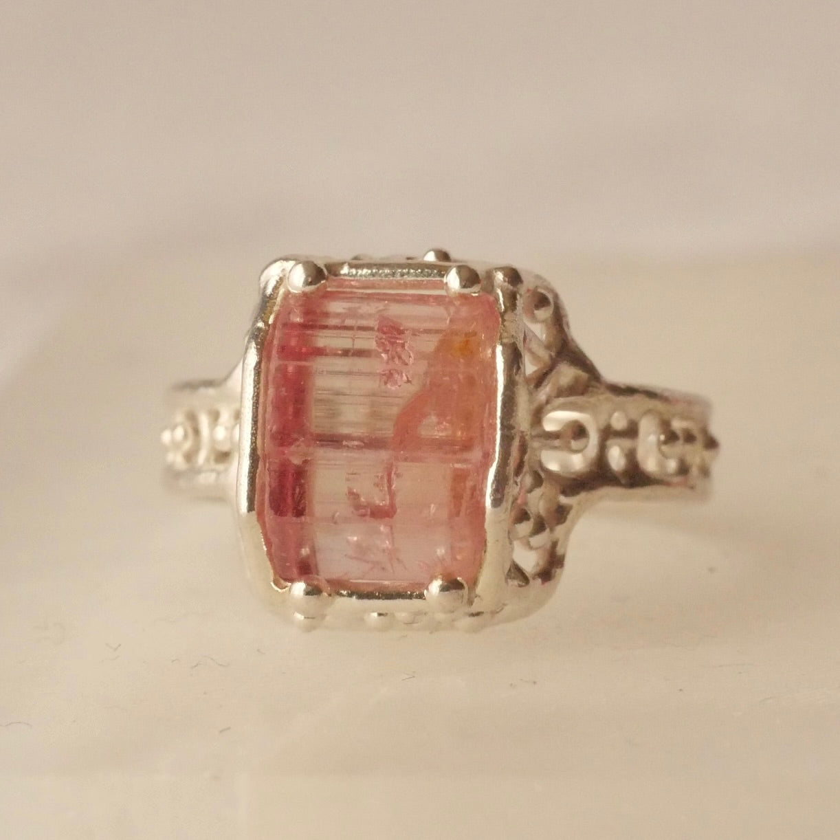 51. Pink Tourmaline Rough Silver Ring /23R-293