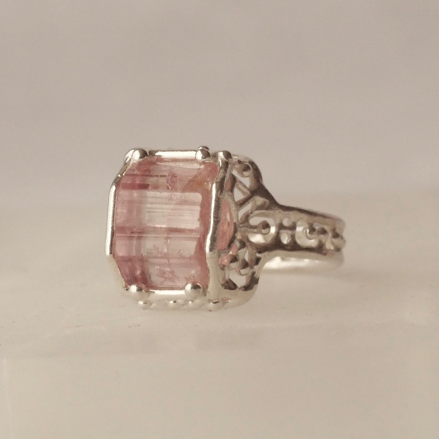 51. Pink Tourmaline Rough Silver Ring /23R-293