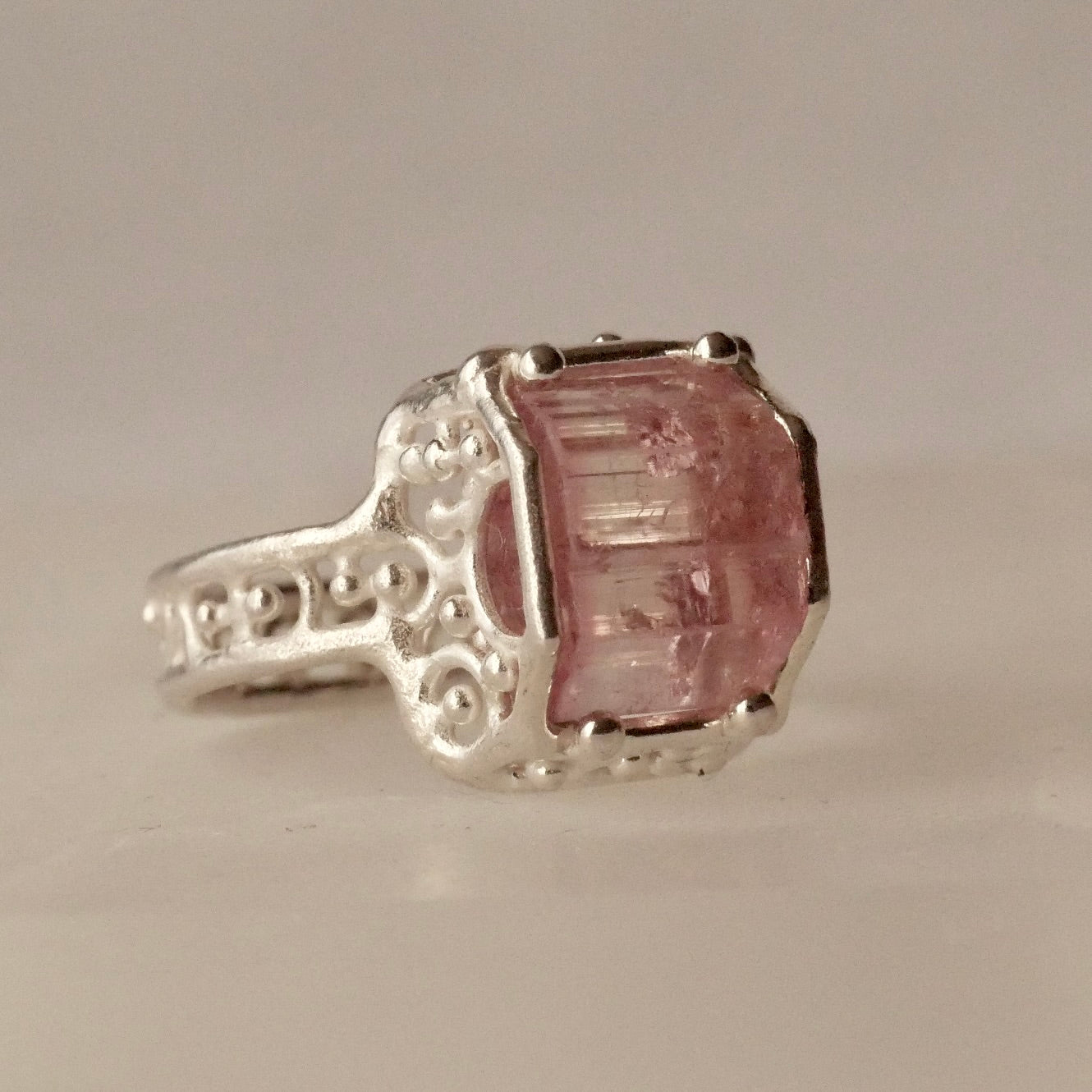 51. Pink Tourmaline Rough Silver Ring /23R-293