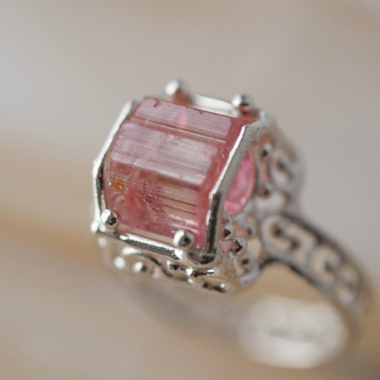 51. Pink Tourmaline Rough Silver Ring /23R-293